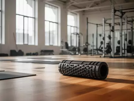 Ein minimalistischer Fitnessraum mit Holzboden, einer Massagerolle auf dem Boden und natürlichem Lichteinfall. - Foto: über boerse-global.de