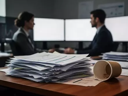 Ein unaufgeräumter Schreibtisch mit Finanzunterlagen und Kaffeetasse in einem Büro, im Hintergrund ein Analyst vor leeren Bildschirmen. - Foto: über boerse-global.de