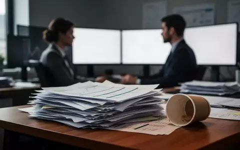 Ein unaufgeräumter Schreibtisch mit Finanzunterlagen und Kaffeetasse in einem Büro, im Hintergrund ein Analyst vor leeren Bildschirmen. - Foto: über boerse-global.de