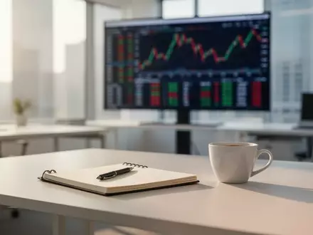 Ein minimalistischer Schreibtisch in einem modernen Büro vor einem unscharfen Monitor mit Finanzdaten. - Foto: über boerse-global.de