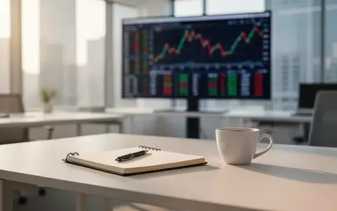 Ein minimalistischer Schreibtisch in einem modernen Büro vor einem unscharfen Monitor mit Finanzdaten. - Foto: über boerse-global.de