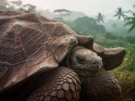 Nahaufnahme der strukturierten Haut einer Riesenschildkröte in einer natürlichen, grünen Inselumgebung. - Foto: über boerse-global.de