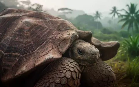 Nahaufnahme der strukturierten Haut einer Riesenschildkröte in einer natürlichen, grünen Inselumgebung. - Foto: über boerse-global.de