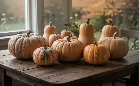 Mehrere Hokkaido- und Butternut-Kürbisse liegen auf einem rustikalen Holztisch im sanften Tageslicht. - Foto: über boerse-global.de