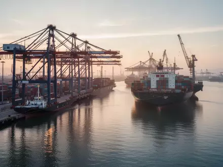 Moderne Hafenanlage in Qinhuangdao mit Containerkränen und Frachtschiffen bei Sonnenaufgang. - Foto: über boerse-global.de