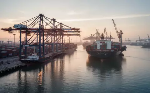 Moderne Hafenanlage in Qinhuangdao mit Containerkränen und Frachtschiffen bei Sonnenaufgang. - Foto: über boerse-global.de
