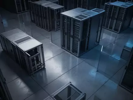 Moderne, minimalistische Serverraum-Umgebung mit industriellen Metall-Serverracks in gedimmtem, blauem Licht. - Foto: über boerse-global.de