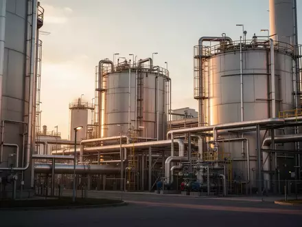 Moderne Chemieanlage mit großen Industrietanks und Rohrleitungen bei Sonnenuntergang. - Foto: über boerse-global.de