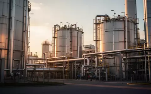 Moderne Chemieanlage mit großen Industrietanks und Rohrleitungen bei Sonnenuntergang. - Foto: über boerse-global.de
