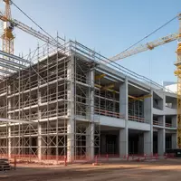 Rohbau einer modernen Gewerbeimmobilie mit Baugerüsten und Kränen auf einer Baustelle bei Tageslicht. - Foto: über boerse-global.de
