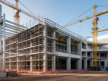 Rohbau einer modernen Gewerbeimmobilie mit Baugerüsten und Kränen auf einer Baustelle bei Tageslicht. - Foto: über boerse-global.de