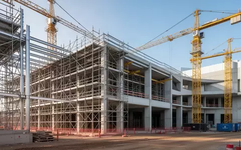 Rohbau einer modernen Gewerbeimmobilie mit Baugerüsten und Kränen auf einer Baustelle bei Tageslicht. - Foto: über boerse-global.de