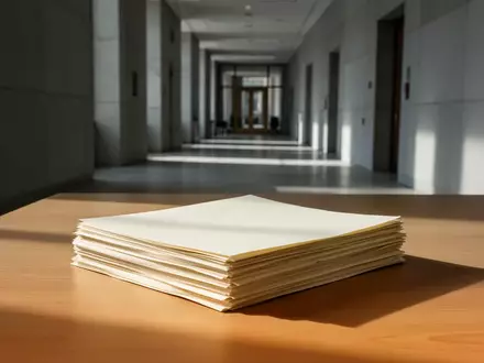Ein Stapel leerer Dokumente auf einem schlichten Holztisch in einem ruhigen, modernen Büroflur. - Foto: über boerse-global.de