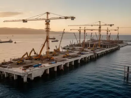 Bauarbeiten am Pier 6 im Hafen von Thessaloniki mit Kränen und schwerem Gerät bei Sonnenuntergang. - Foto: über boerse-global.de