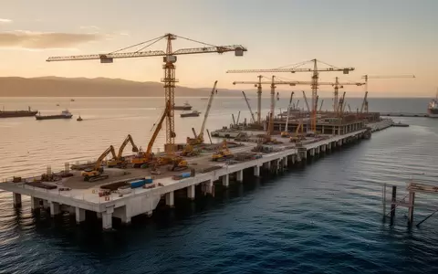 Bauarbeiten am Pier 6 im Hafen von Thessaloniki mit Kränen und schwerem Gerät bei Sonnenuntergang. - Foto: über boerse-global.de