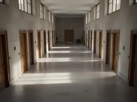 Ein langer, leerer Flur in einem Regierungsgebäude mit vielen geschlossenen Bürotüren und neutraler, minimalistischer Architektur. - Foto: über boerse-global.de