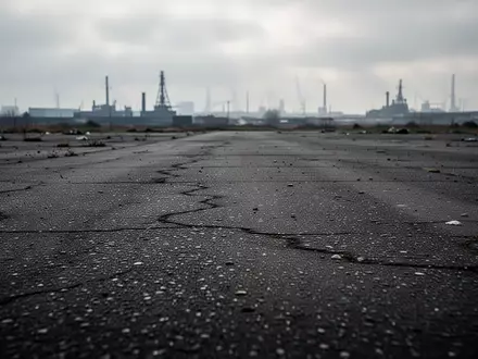 Eine leere, graue Asphaltfläche unter einem bewölkten Himmel mit verschwommenen industriellen Umrissen im Hintergrund. - Foto: über boerse-global.de