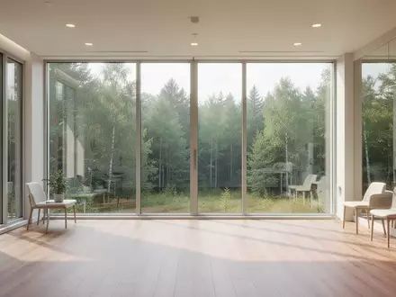 Heller, moderner Innenraum einer Rehabilitationsklinik mit Blick auf eine grüne Waldlandschaft. - Foto: über boerse-global.de