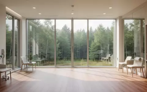 Heller, moderner Innenraum einer Rehabilitationsklinik mit Blick auf eine grüne Waldlandschaft. - Foto: über boerse-global.de