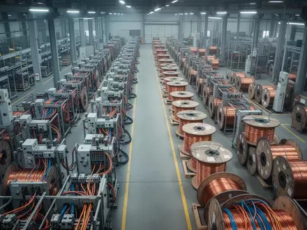 Moderne Produktionshalle mit Kabeltrommeln und elektrischer AusrĂĽstung in einer Industrieanlage. - Foto: ĂĽber boerse-global.de