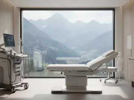 Ein minimalistischer, heller Behandlungsraum in einer Klinik mit Blick auf eine verschwommene Alpenlandschaft. - Foto: über boerse-global.de