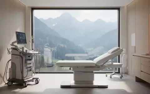 Ein minimalistischer, heller Behandlungsraum in einer Klinik mit Blick auf eine verschwommene Alpenlandschaft. - Foto: über boerse-global.de