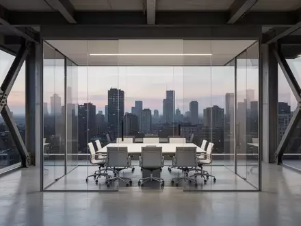 Modernes, leeres Büro-Meetingraum-Interieur mit Blick auf eine nächtliche Skyline. - Foto: über boerse-global.de
