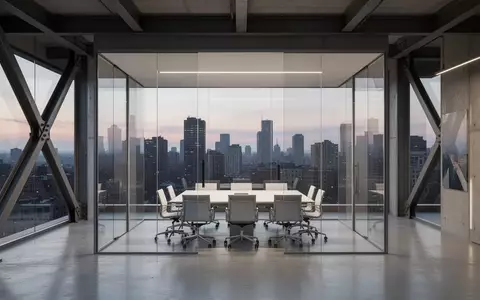 Modernes, leeres Büro-Meetingraum-Interieur mit Blick auf eine nächtliche Skyline. - Foto: über boerse-global.de
