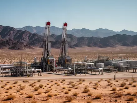 Industrielle Erdgasanlage in einer weitläufigen Wüstenlandschaft vor einer Bergkulisse. - Foto: über boerse-global.de