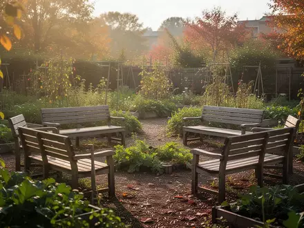 Leere Parkbänke in einem sonnigen Gemeinschaftsgarten als Symbol für soziale Orte der Begegnung. - Foto: über boerse-global.de