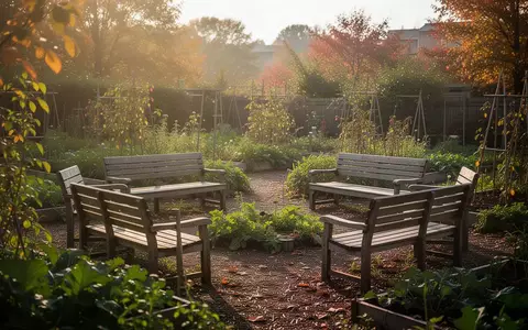 Leere Parkbänke in einem sonnigen Gemeinschaftsgarten als Symbol für soziale Orte der Begegnung. - Foto: über boerse-global.de