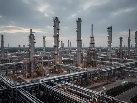 Moderne Industrieanlage einer Ölraffinerie bei Dämmerung mit komplexen Rohrleitungssystemen und Destillationstürmen. - Foto: über boerse-global.de