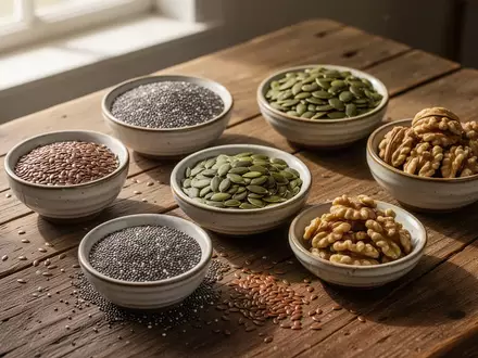 Verschiedene gesunde pflanzliche Lebensmittel wie Leinsamen, Chiasamen, Kürbiskerne und Walnüsse auf einem Holztisch. - Foto: über boerse-global.de