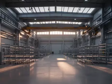 Eine moderne, menschenleere Industriehalle mit polierten Betonböden und organisierter Infrastruktur in natürlichem Licht. - Foto: über boerse-global.de