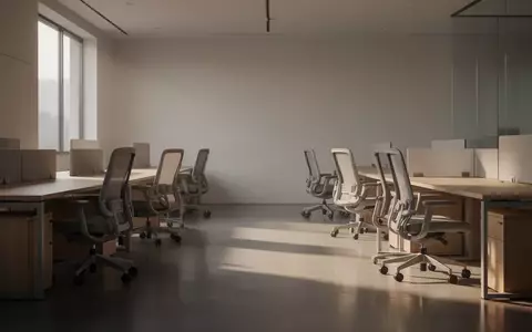 Ein ruhiger, moderner Büroarbeitsplatz mit ergonomischen Stühlen und klaren Linien bei sanftem Morgenlicht. - Foto: über boerse-global.de