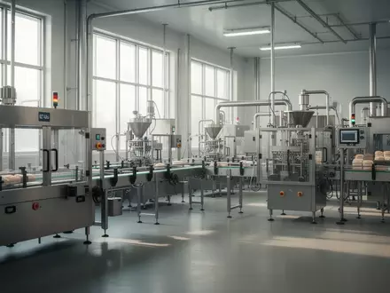 Leere, moderne Industrieanlage in einer Fabrik mit Edelstahlmaschinen und natürlichem Lichteinfall. - Foto: über boerse-global.de