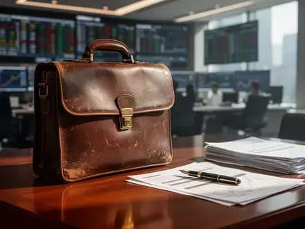 Ein Aktentasche und Dokumente auf einem Schreibtisch vor einem unscharfen Hintergrund eines Finanzhandelsplatzes. - Foto: über boerse-global.de