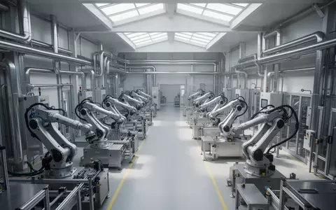 Eine moderne, automatisierte Industriehalle mit Produktionsanlagen und Robotern in einer aufgeräumten, hellen Umgebung. - Foto: über boerse-global.de