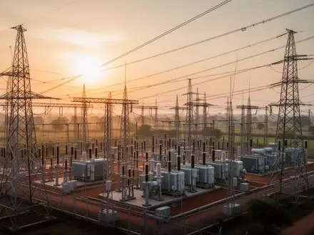 Moderne elektrische Umspannstation mit Hochspannungsmasten und Stromleitungen in einer weiten Landschaft bei Sonnenaufgang. - Foto: über boerse-global.de