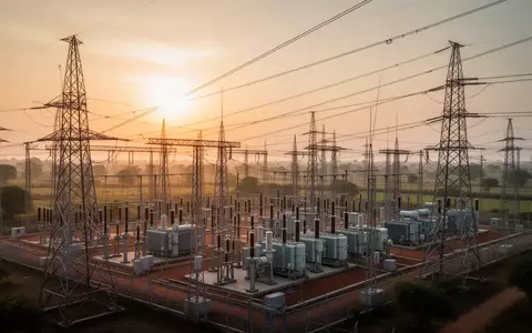 Moderne elektrische Umspannstation mit Hochspannungsmasten und Stromleitungen in einer weiten Landschaft bei Sonnenaufgang. - Foto: über boerse-global.de