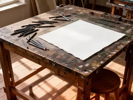 Ein leerer Zeichentisch aus Holz mit Bleistiften und einem leeren Blatt Papier in einem sonnendurchfluteten Atelier. - Foto: über boerse-global.de