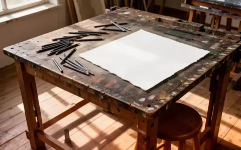 Ein leerer Zeichentisch aus Holz mit Bleistiften und einem leeren Blatt Papier in einem sonnendurchfluteten Atelier. - Foto: über boerse-global.de
