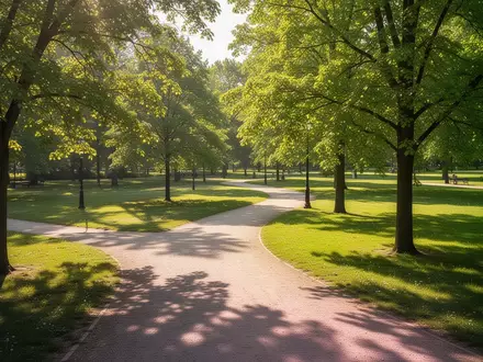 Ein sonniger, grüner Park mit einem geschwungenen Kiesweg und Bäumen bei Tageslicht. - Foto: über boerse-global.de