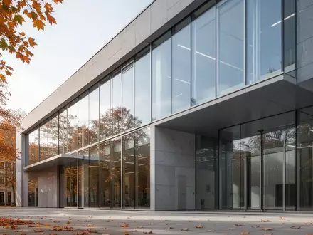 Moderne Fassade eines Verwaltungsgebäudes bei Tageslicht mit klaren Linien aus Glas und Stein. - Foto: über boerse-global.de