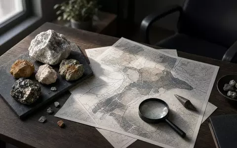 Ein Schreibtisch mit geologischen Gesteinsproben, einer Lupe und technischen Lageplänen in einem modernen Büro. - Foto: über boerse-global.de