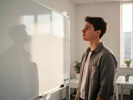 Ein junger Unternehmer steht nachdenklich vor einem leeren Whiteboard in einem modernen, hellen Büro. - Foto: über boerse-global.de
