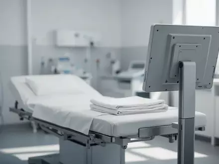 Ein heller, moderner medizinischer Untersuchungsraum mit einem Diagnosetisch in einer sterilen, klinischen Umgebung. - Foto: über boerse-global.de