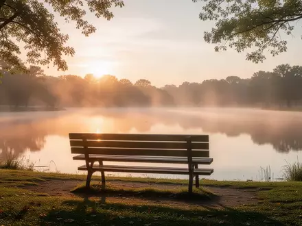 Ein ruhiger Park mit einer leeren Bank am Seeufer bei Sonnenaufgang, der Ruhe und psychische UnterstĂŒtzung symbolisiert. - Foto: ĂŒber boerse-global.de