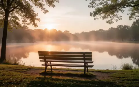 Ein ruhiger Park mit einer leeren Bank am Seeufer bei Sonnenaufgang, der Ruhe und psychische Unterstützung symbolisiert. - Foto: über boerse-global.de