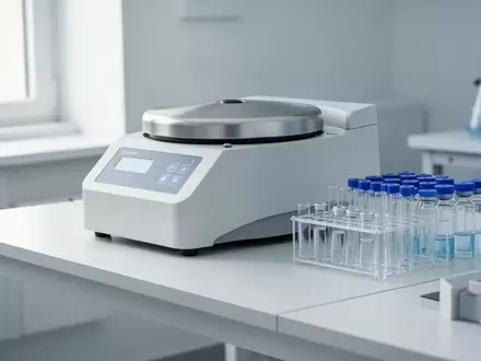 Ein steriler, moderner medizinischer Laborarbeitsplatz mit Zentrifuge und Glasgefäßen auf einer sauberen Arbeitsfläche. - Foto: über boerse-global.de